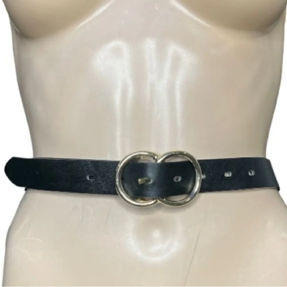 Black Leather Belt with Double Ring Gold Buckle - Women Accessories